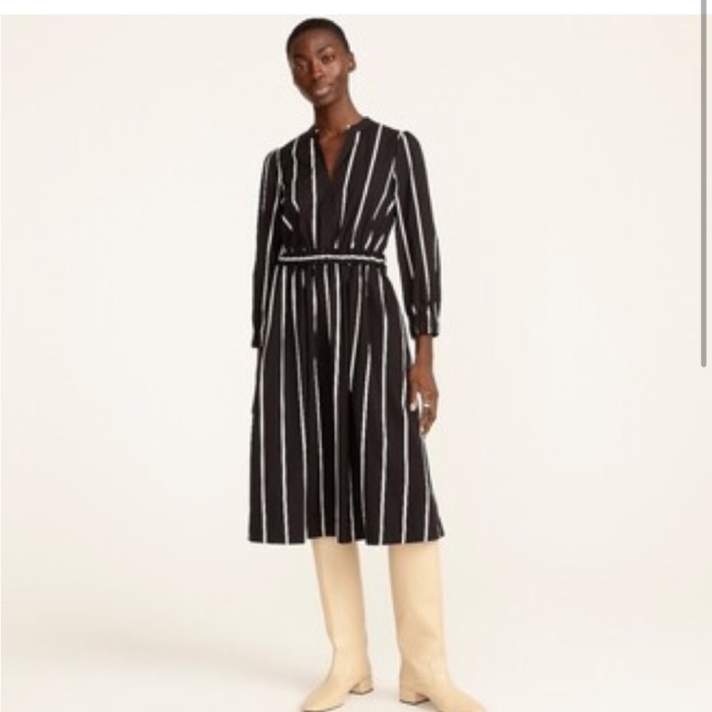 J. Crew cinched waist Elegant Black and White Striped Midi Dress medium